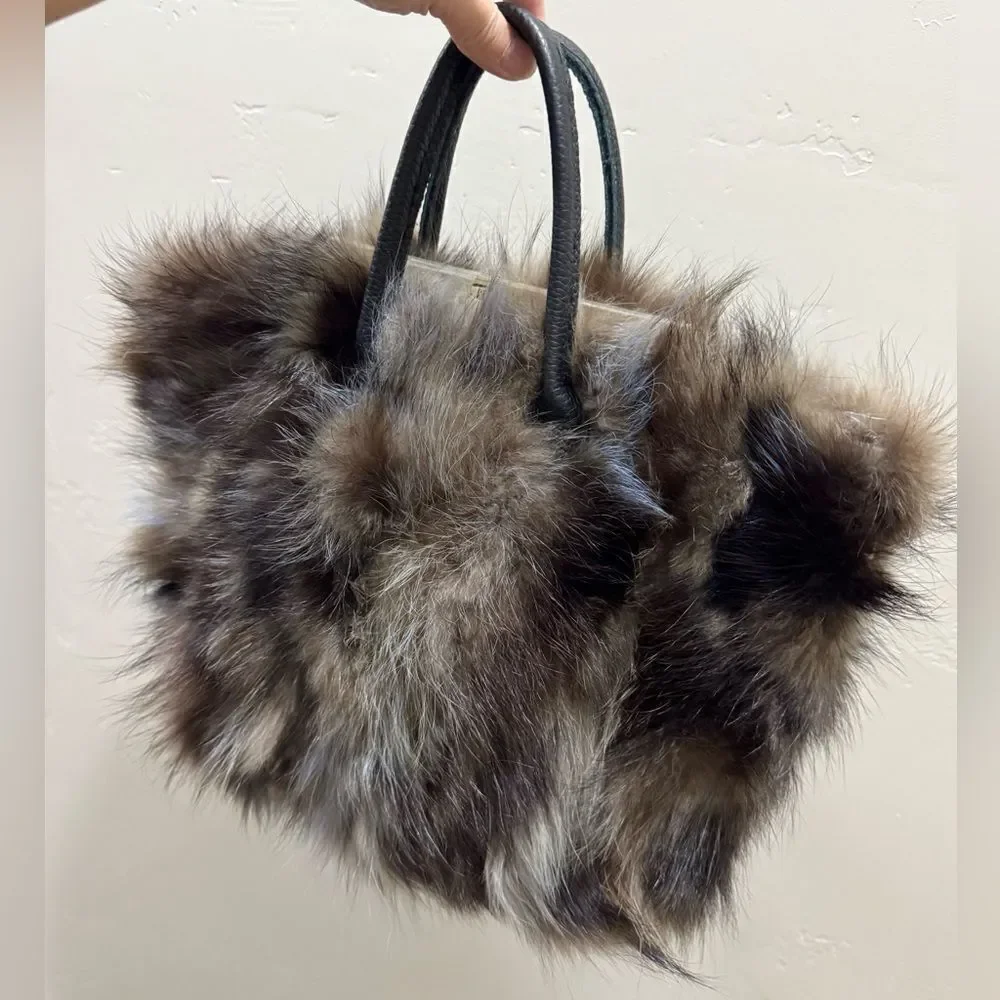 Genuine Fox Fur Handmade Large Tote/Metal Clip & Leather Handles Bag/Crossbody - Picture 8 of 16